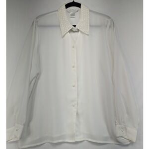 Cathy Che Women's White Sheer Beaded Collar Long Sleeve Blouse Size 14
